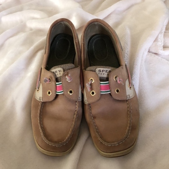 Sperry Top-sider boat shoes preppy size 9.5 women’s tan pink green - Picture 4 of 10